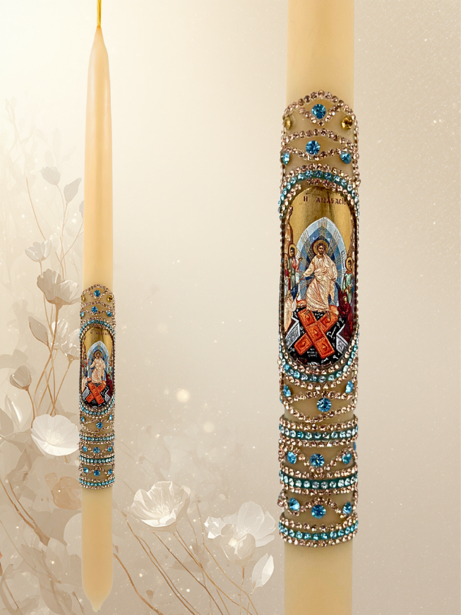 Πασχαλινή Λαμπάδα Λευκή από Καθαρό Κερί 42 εκ. – Μοναστηριακό Εργόχειρο με Χρωματιστές Πέτρες