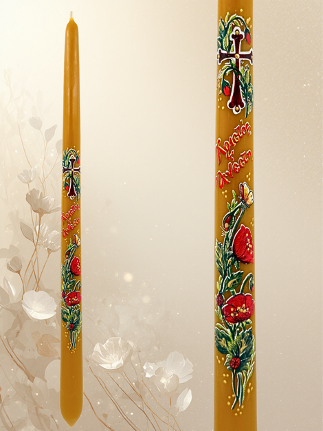 Πασχαλινή Λαμπάδα από Καθαρό Μελί Κερί 40 εκ. – «Χριστός Ανέστη» με Σταυρό & Λουλούδια