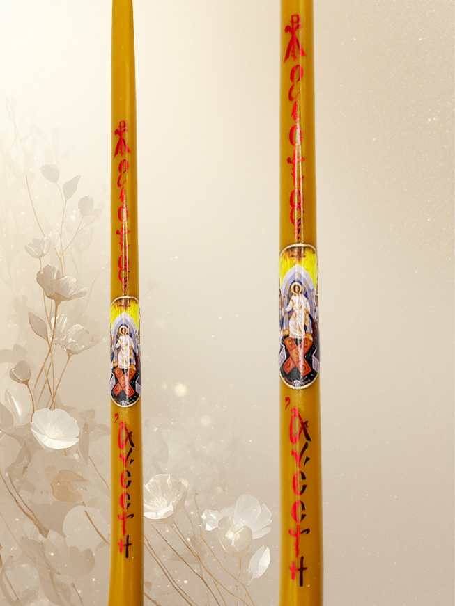 40 cm Easter Candle – Red Metallic Lettering & Resurrection Icon