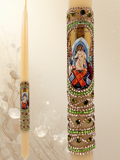 Πασχαλινή Λαμπάδα Λευκή από Καθαρό Κερί 42 εκ. – Μοναστηριακό Εργόχειρο με Χρωματιστές Πέτρες