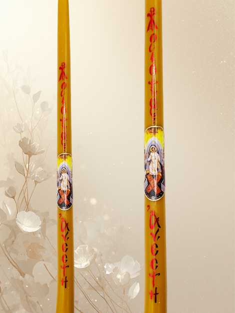 Πασχαλινή Λαμπάδα 40 εκ. – Κόκκινα Μεταλλικά Γράμματα & Παράσταση Αναστάσεως