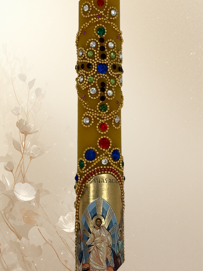 Priestly Easter Candle 65 cm with Resurrection Icon – Monastic Handmade Creation 2026