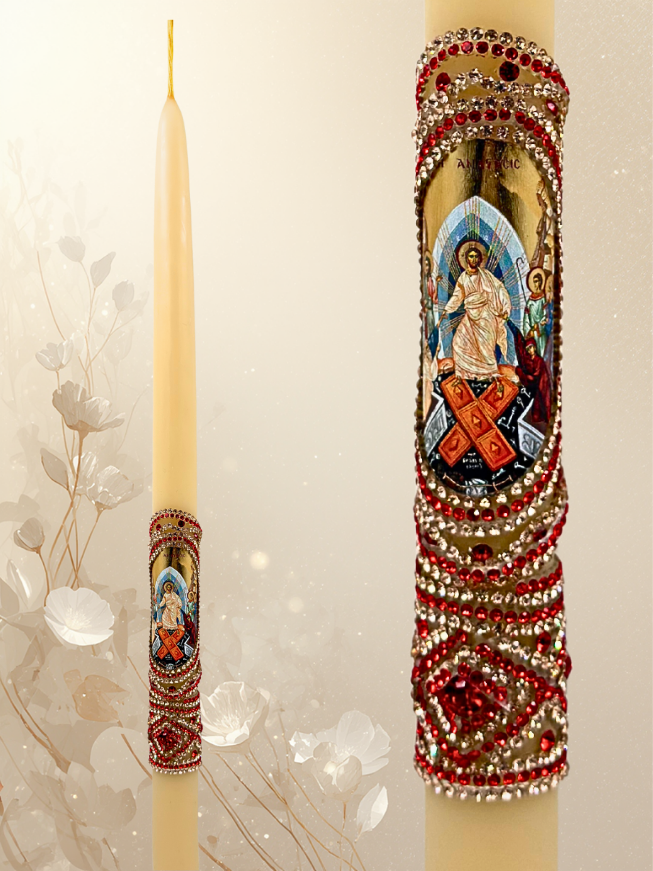 White Easter Candle 42 cm – Pure Wax, Monastic Handcrafted with Colored Stones