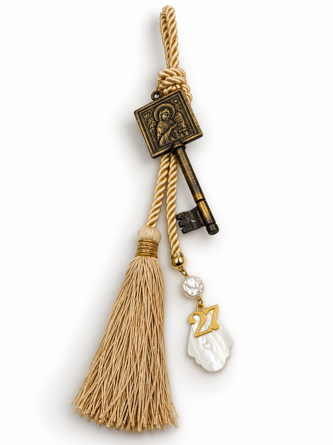 2027 Decorative Keepsake with Virgin Mary Key – Beige