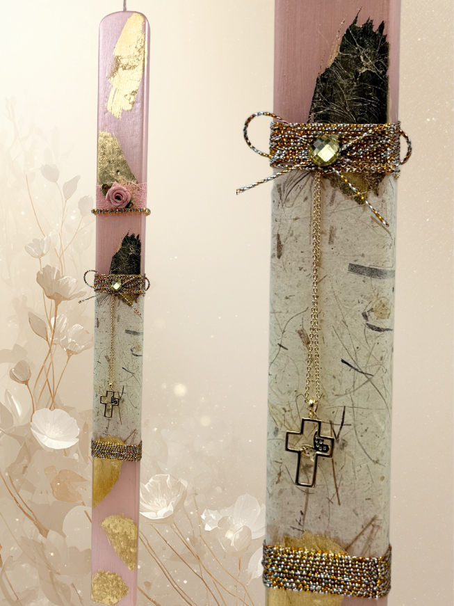 Pink Easter Candle with Cross & Gold Leaf – Collection 2026