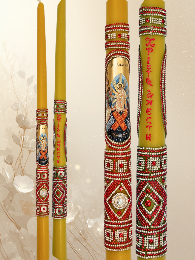 Priest Easter Candle 65 cm – Red Rhinestone Composition with Resurrection Icon