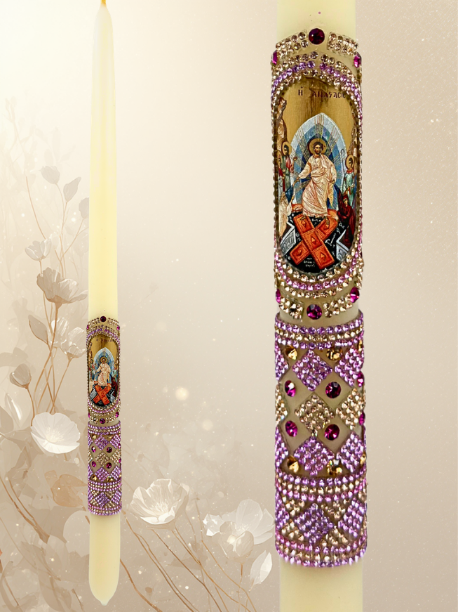 Paschal Candle 42 cm Made of Pure White Beeswax with Resurrection Depiction – Pink & Gold Design
