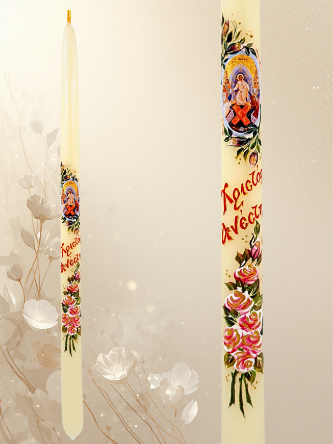 Πασχαλινή Λαμπάδα Λευκή από Καθαρό Κερί 42 εκ. – «Χριστός Ανέστη» με Σταυρό & Λουλούδια