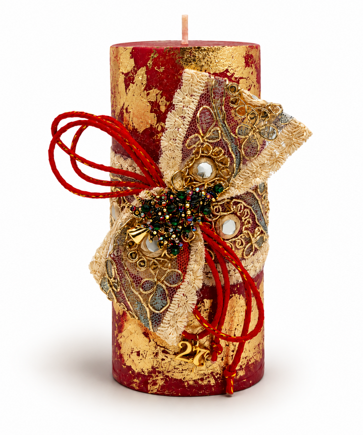 Christmas Decorative Paraffin Candle with Imitation Gold Leaf – Burgundy