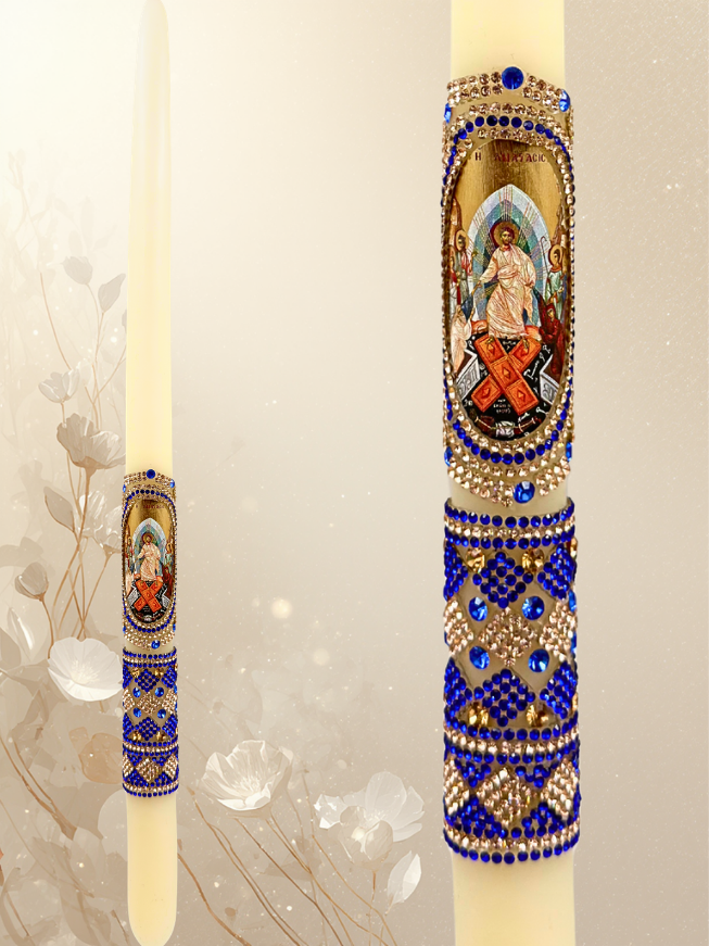 Paschal Candle 42 cm Made of Pure White Beeswax with Resurrection Depiction – Blue & Gold Design