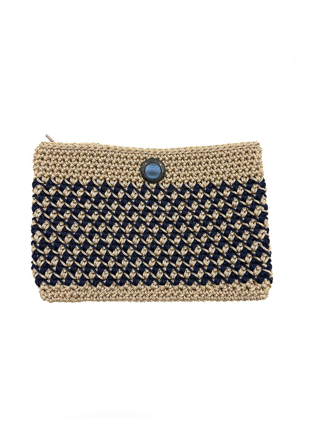 Handmade Knitted Toiletry Bag in Beige & Blue – Unique Design with Button
