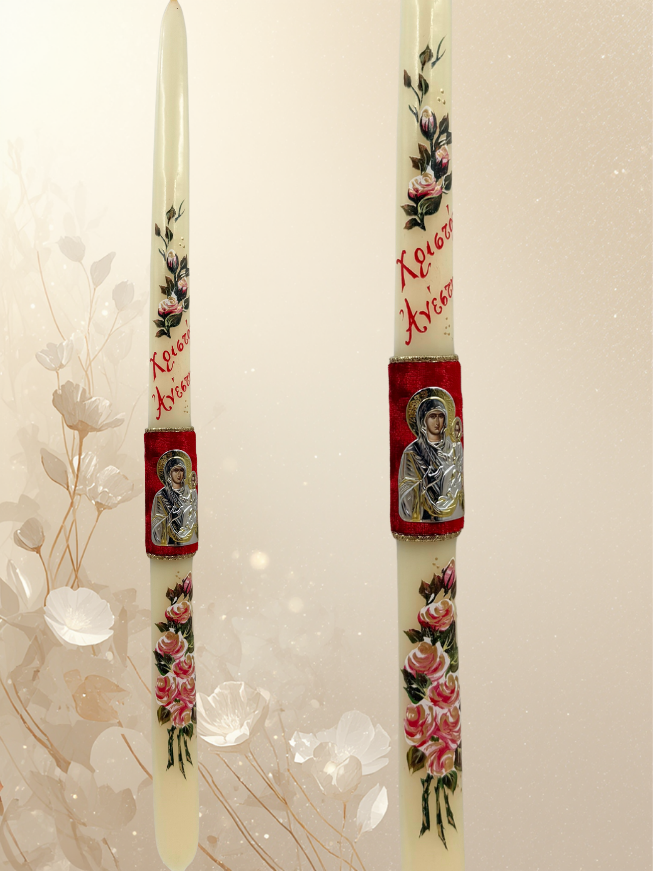 Πασχαλινή Λαμπάδα από Αγνό Λευκό Μελισσοκέρι με Μεταλλική Παναγία σε Βελούδινο Κάμπο