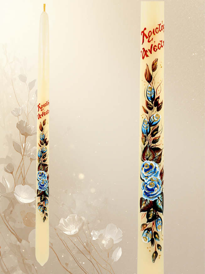 White Easter Candle 42 cm – “Christ Is Risen” with  Floral Design