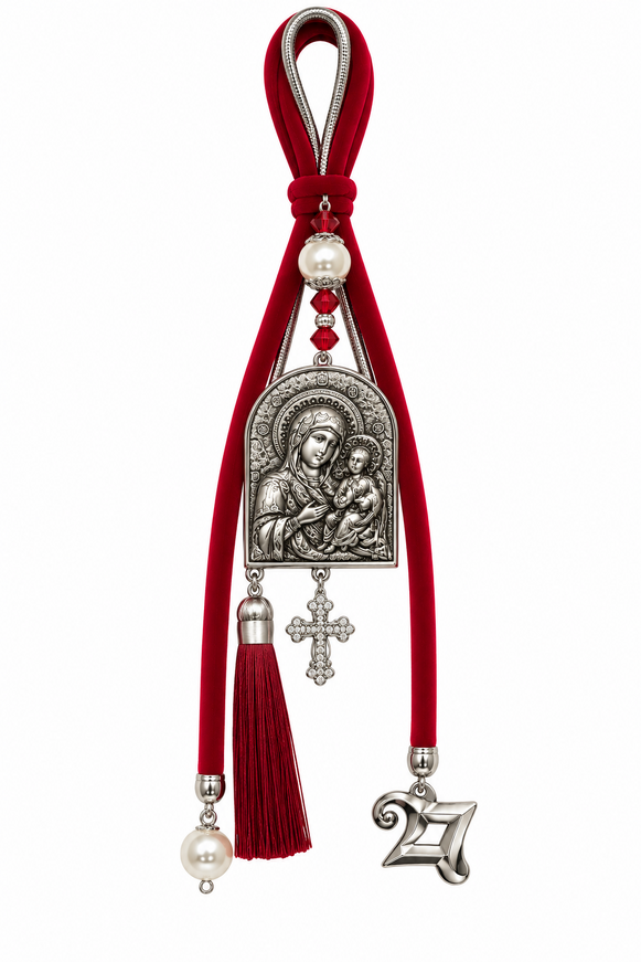 Virgin Mary Decorative Hanging Ornament with Silver-Tone Metal Element – Burgundy