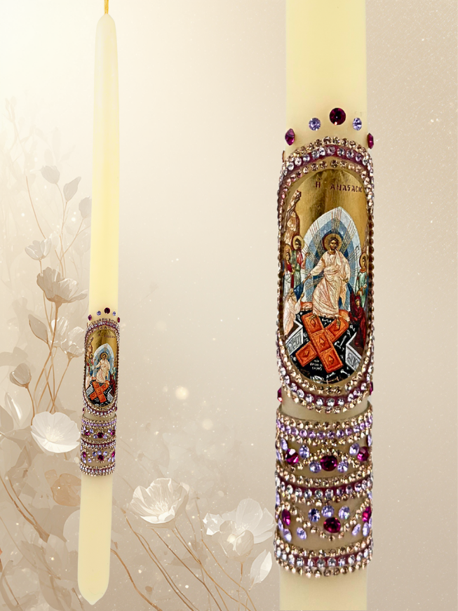 White Easter Candle 42 cm – Pure Wax, Monastic Handcrafted with Colored Stones