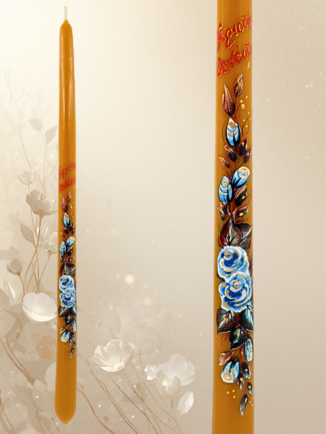 Πασχαλινή Λαμπάδα από Καθαρό Μελί Κερί 40 εκ. – «Χριστός Ανέστη» με Σταυρό & Λουλούδια