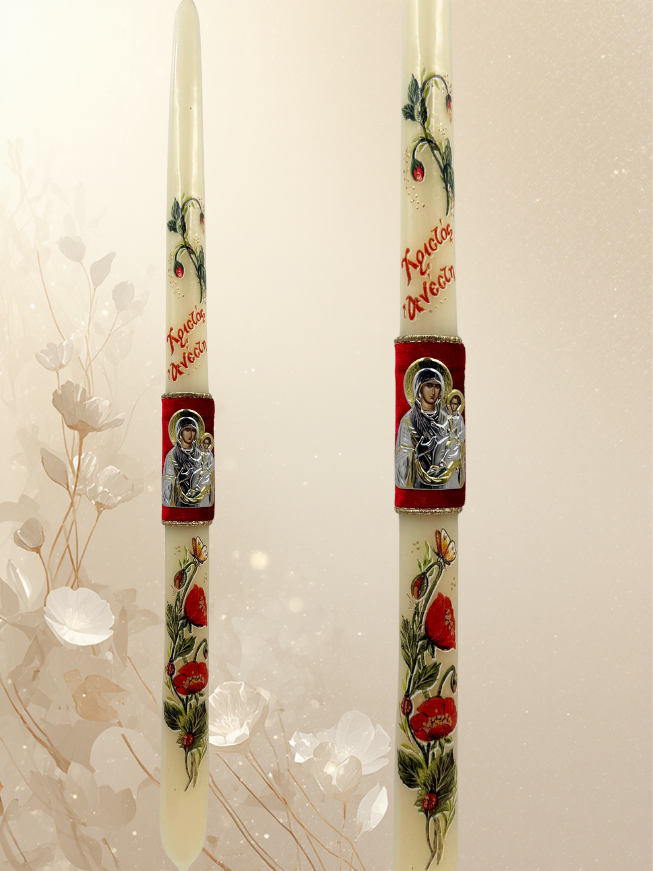 White Beeswax Easter Candle with Metal Virgin Mary Icon on Velvet Background