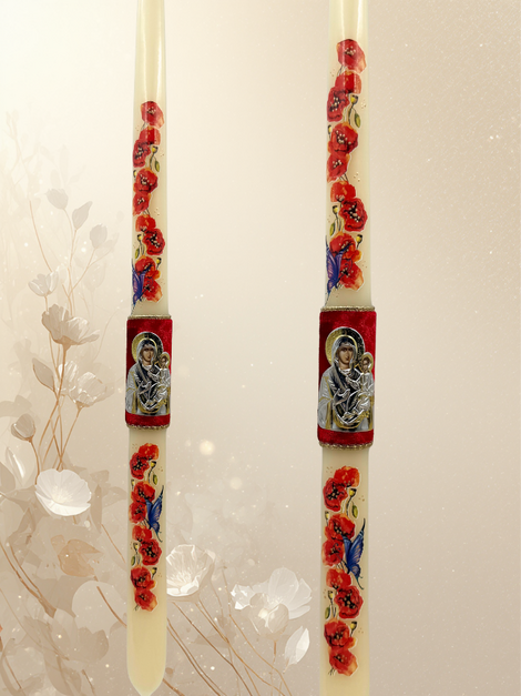 Πασχαλινή Λαμπάδα από Αγνό Λευκό Μελισσοκέρι με Μεταλλική Παναγία σε Βελούδινο Κάμπο