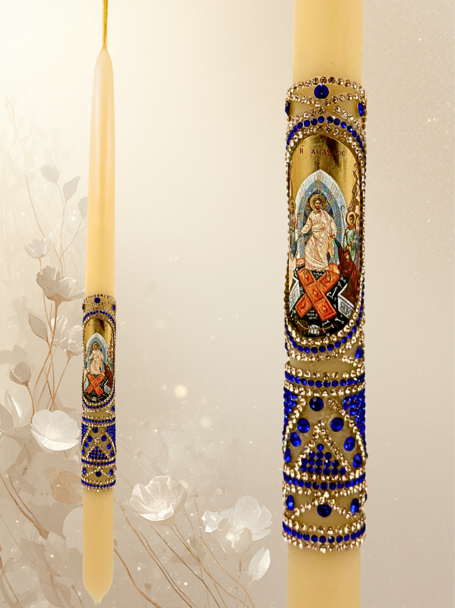 Πασχαλινή Λαμπάδα Λευκή από Καθαρό Κερί 42 εκ. – Μοναστηριακό Εργόχειρο με Χρωματιστές Πέτρες