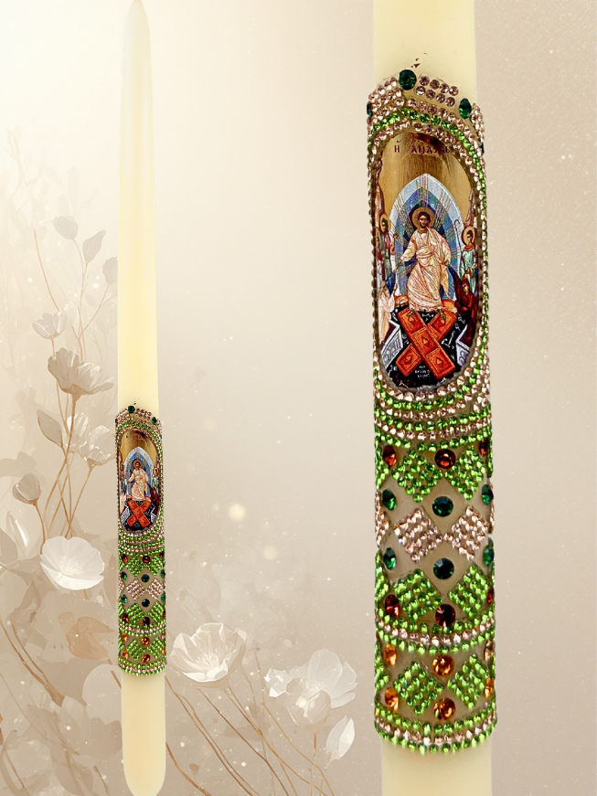 Paschal Candle 42 cm Made of Pure White Beeswax with Resurrection Depiction – Green & Gold Design