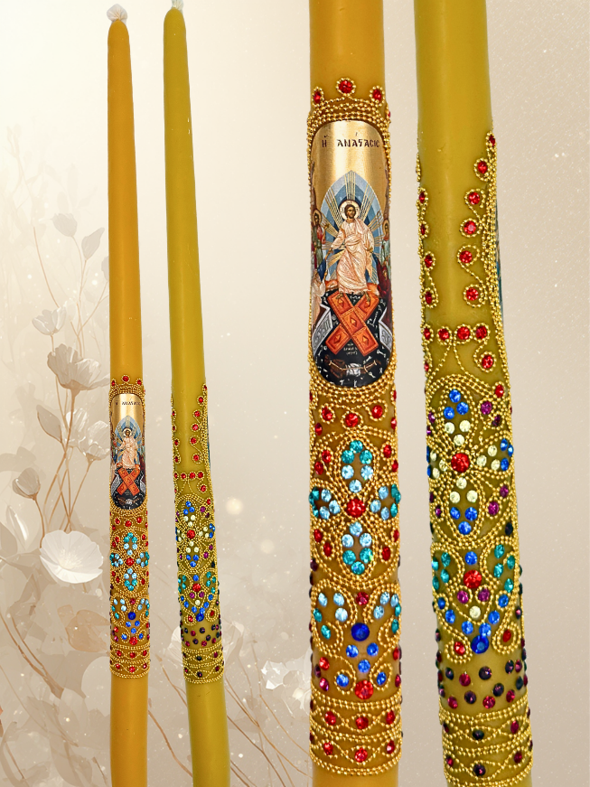 Ιερατική πασχαλινή λαμπάδα 65 εκ.-Πολύχρωμη Σύνθεση Στρας με Παράσταση Αναστάσεως