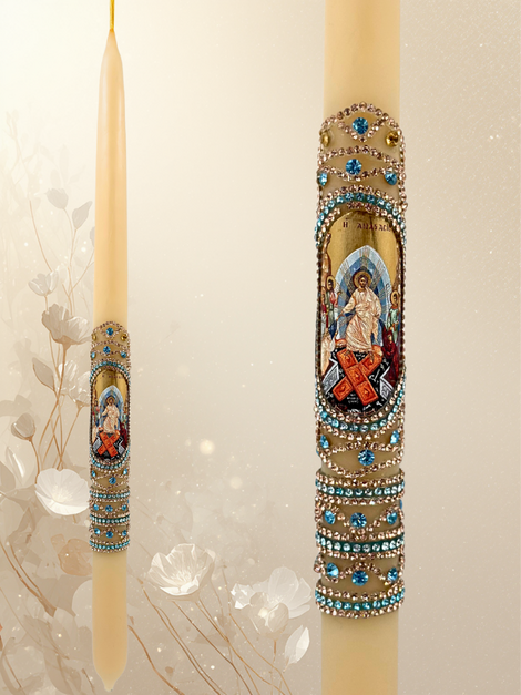 Πασχαλινή Λαμπάδα Λευκή από Καθαρό Κερί 42 εκ. – Μοναστηριακό Εργόχειρο με Χρωματιστές Πέτρες