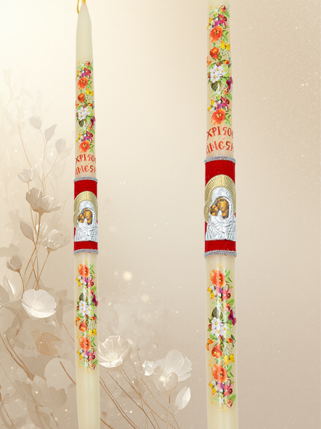 White Beeswax Easter Candle with Metal Virgin Mary Icon on Velvet Background