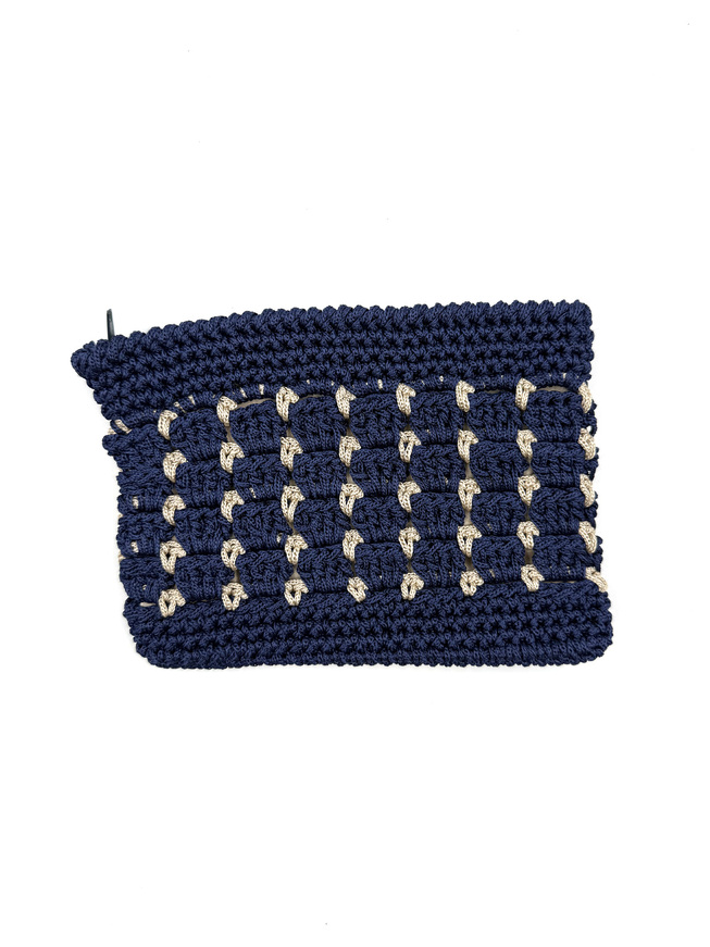 Handmade Crochet Clutch – Navy Blue & Beige with Textured Pattern