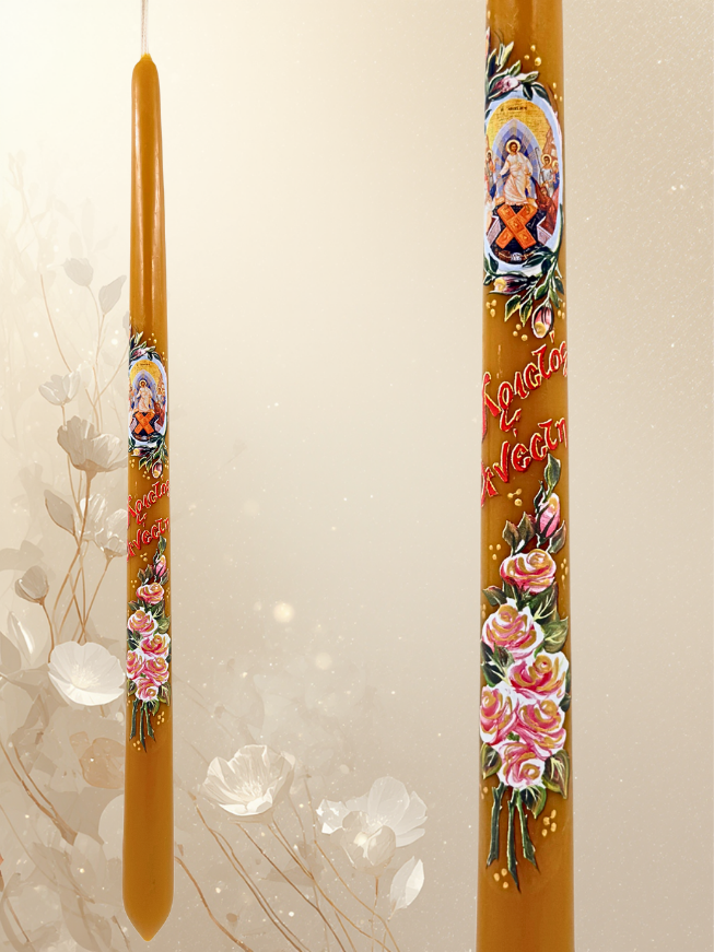 Πασχαλινή Λαμπάδα από Καθαρό Μελί Κερί 40 εκ. – «Χριστός Ανέστη» με Σταυρό & Λουλούδια