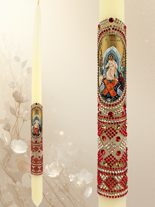 Paschal Candle 42 cm Made of Pure White Beeswax with Resurrection Depiction – Red & Gold Design
