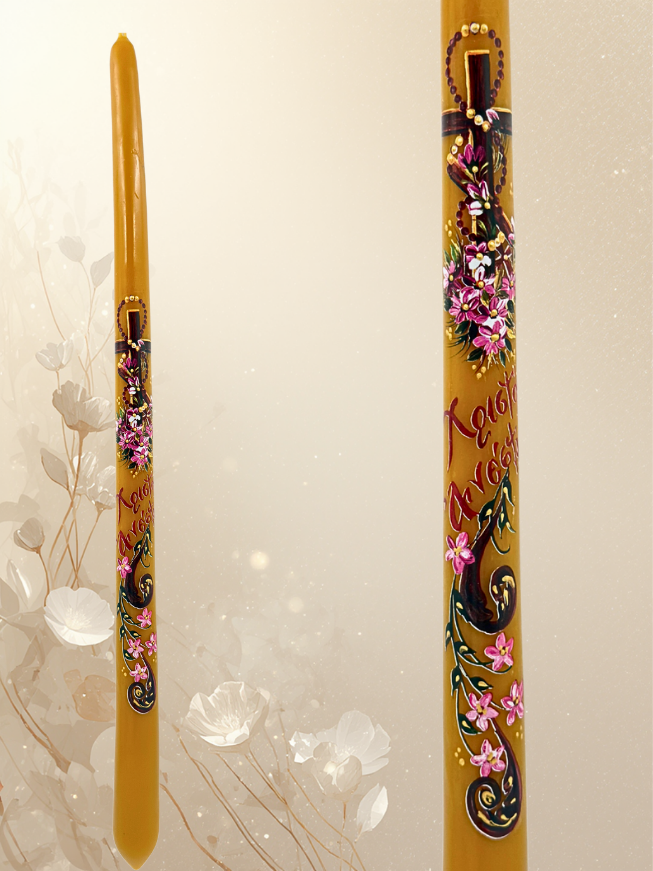 White Easter Candle 40 cm – “Christ Is Risen” with Cross & Floral Design