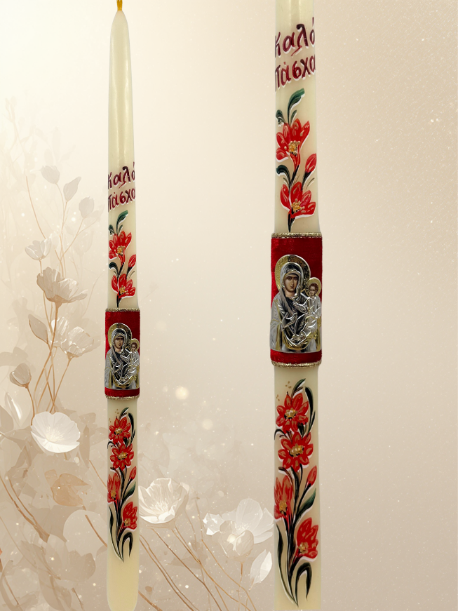 White Beeswax Easter Candle with Metal Virgin Mary Icon on Velvet Background