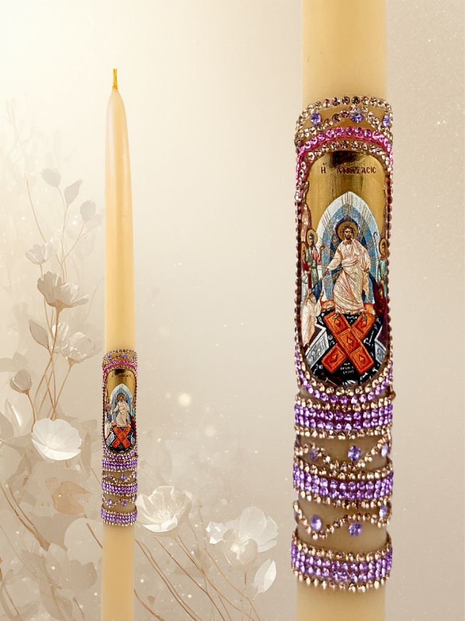 White Easter Candle 42 cm – Pure Wax, Monastic Handcrafted with Colored Stones