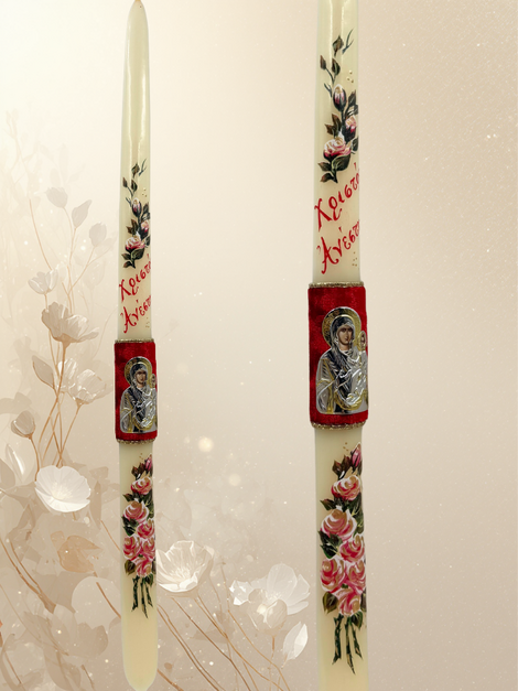 Πασχαλινή Λαμπάδα από Αγνό Λευκό Μελισσοκέρι με Μεταλλική Παναγία σε Βελούδινο Κάμπο