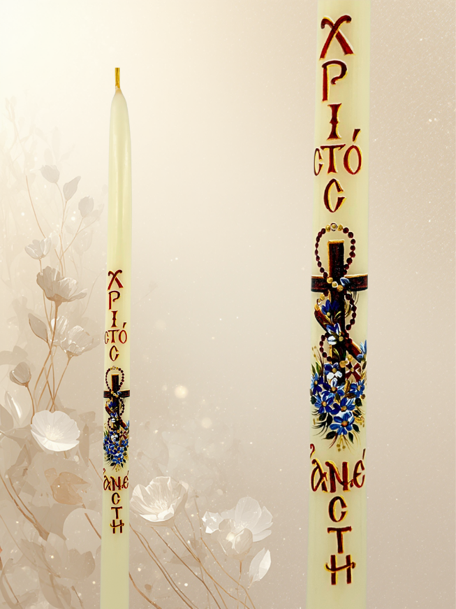 White Easter Candle 42 cm – “Christ Is Risen” with Cross & Floral Design