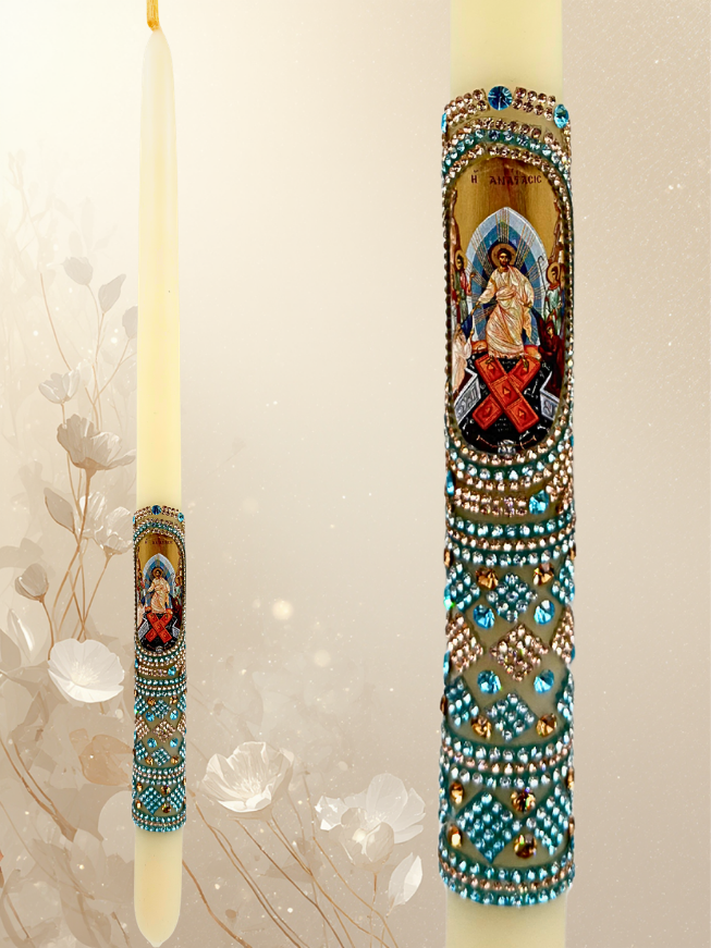 Paschal Candle 42 cm Made of Pure White Beeswax with Resurrection Depiction – Monastic Handicraft